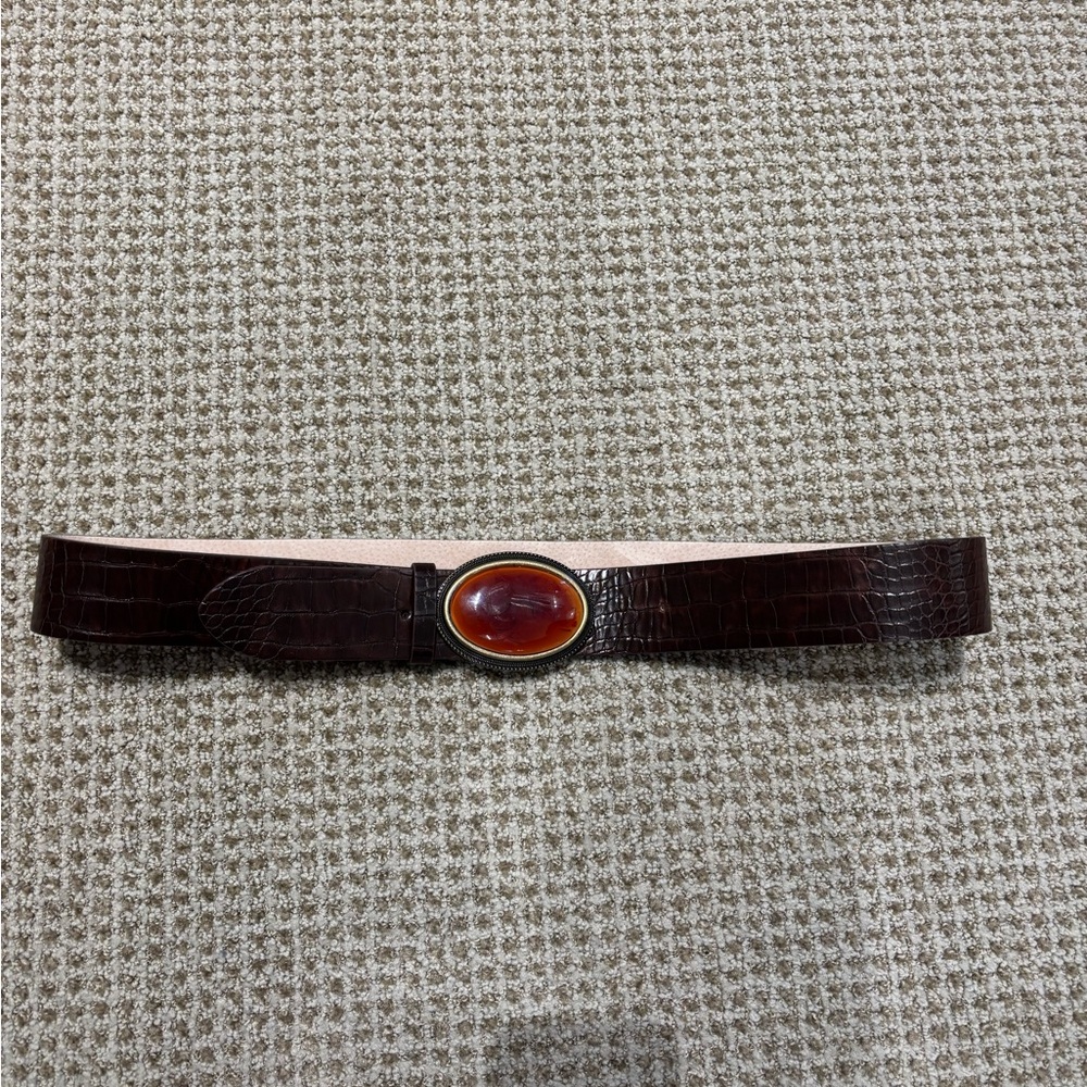 Chico's Belt Large Wide Dark Brown Leather with Amber color stone Detail